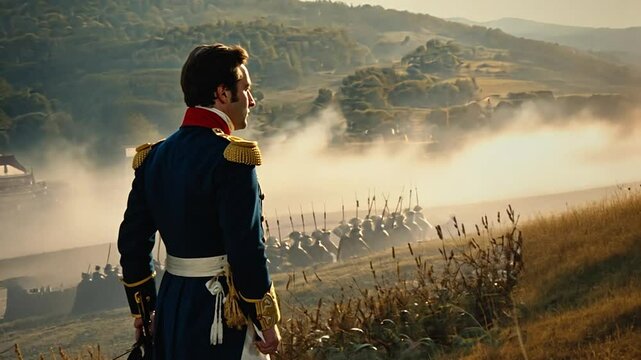 A Napoleonic officer in a blue and gold uniform observes a distant battlefield at dawn, with soldiers advancing through the mist, evoking historical warfare and strategy.