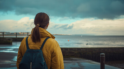 Fototapeta premium Woman with backpack contemplating serene coastal view under cloudy sky sea day calm blue girl mood