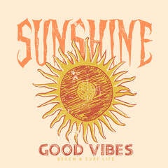 Sunshine paradise graphic print design.  Summer abstract art.  Beach wave artwork. Summer slogan t-shirt. sun graphics. Tropical island art for fashion. Surfing board.