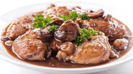 Delicious chicken dish with mushrooms on a white background culinary art gourmet photography simple presentation