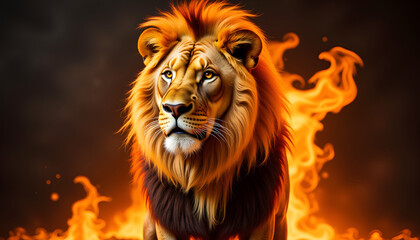 Obraz premium Majestic lion with fiery mane against dramatic flames background exuding power and strength