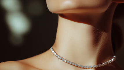 Close-up of a woman's neck adorned with a sparkling diamond necklace. Luxury jewelry, elegance and sophistication.
