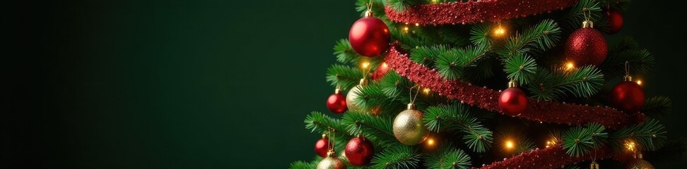 Fototapeta premium Tall evergreen tree swathed in crimson and gold, evergreen tree, Christmas decorations, holiday decor