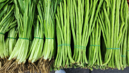 Fresh vegetables on the stalls at the food market
