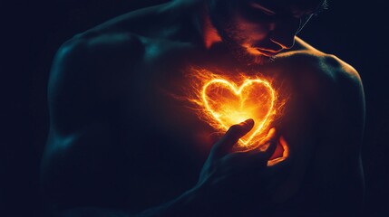 Man's chest with burning heart, intense emotion, dark background