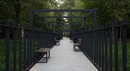 Serene pathway gently curves through lush green trees dappled sunlight filters through overhead trellis. AI Generated