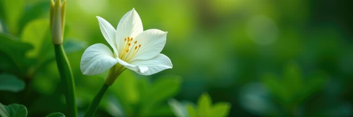 Fototapeta premium White flower unfolding among leafy surroundings, blossom, botanical, blooming