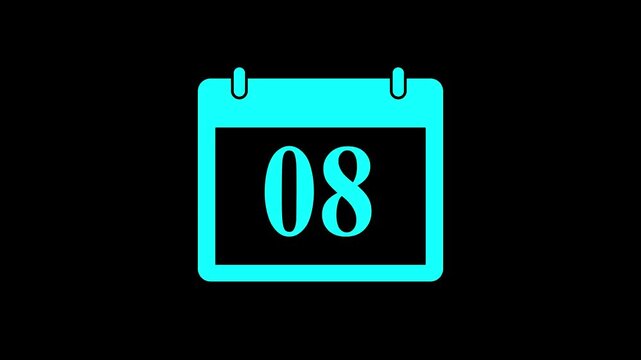 Calendar animation of the eighth day of the month on a black background. Date 8 animation with calender. Time and date management schedule icon. Cyan color Calendar with date animation