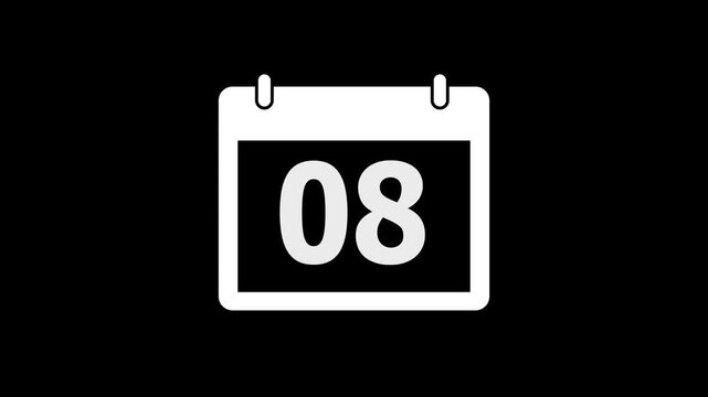 Calendar animation of the eighth day of the month on a black background. Date 8 animation with calender. Time and date management schedule icon. Cyan color Calendar with date animation