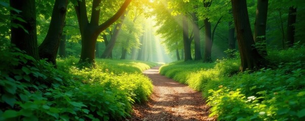 Obraz premium Sun-dappled path winds through lush green forest, shadows, ecology