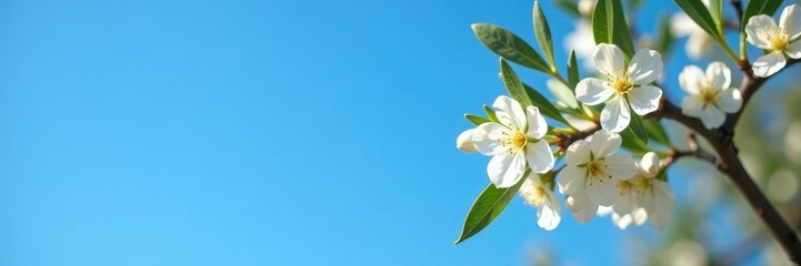 Fototapeta premium White petals of an olive tree against a bright blue sky, blue, olive tree, bloom