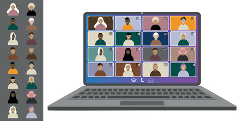 Video call conference, working from home. Colleagues of different nationalities and ages talk to each other on the laptop screen. Isolated illustration on white background in flat style trendy colors