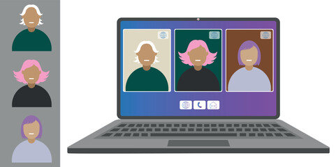 Video call conference, working from home. Colleagues of different nationalities and ages talk to each other on the laptop screen. Isolated illustration on white background in flat style trendy colors