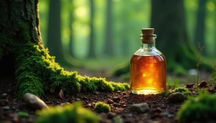 Ancient resin bottle nestled among coniferous branches, trees, forest floor, nature