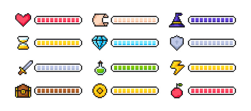 8 bit loader process status, Pixel loading progress bars. 8-bit game indicators, gauges: health, stamina, experience, money, energy, weapon, protection, magic, life, power levels.