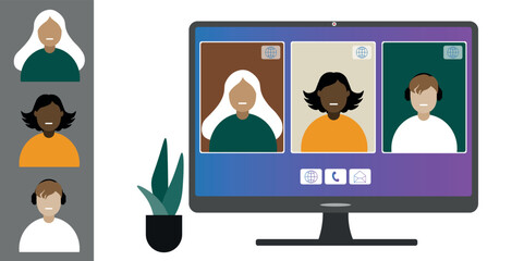 Video call conference, working from home. Colleagues of different nationalities and ages talk to each other on computer screen. Isolated illustration on white background in flat style trendy colors