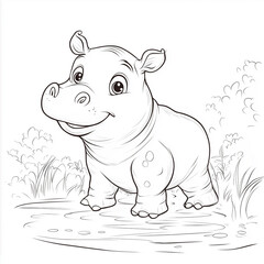 Fototapeta premium A cheerful cartoon hippopotamus standing in shallow water, a detailed line art drawing perfect for children's coloring practice and creative activities 