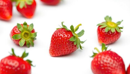 A single ripe strawberry, vibrant red, isolated on pure white, vitamin c, food