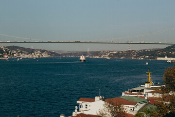 Istanbul's bosphorus bridge with ships sailing below
