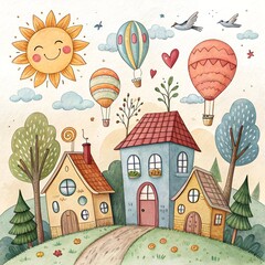 Whimsical Village with Colorful Houses and Hot Air Balloons in a Fairytale Style