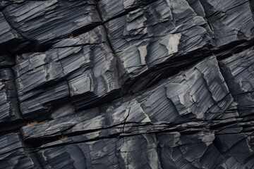 Close up of a fractured slate rock surface showcasing rugged textures and geological beauty