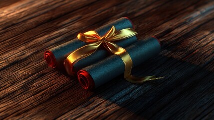 Wrapped scrolls on wooden table, gift concept, warm light