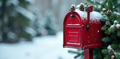 Cozy red mailbox with evergreen branches and pinecones, snowy scene, holiday decoration