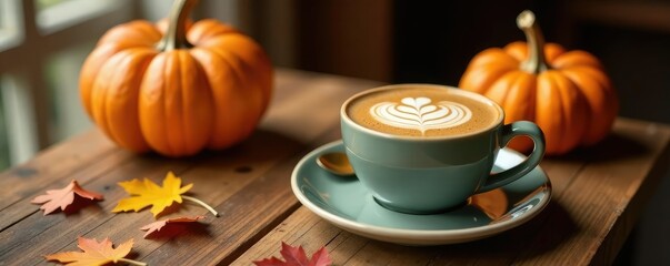 Cozy table with pumpkin-themed decor and a glass of spicy latte, fall, hygge, soft