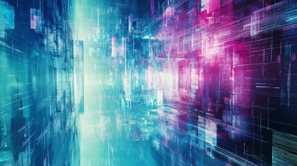 Abstract blue, mint, and pink background with interlaced digital glitch and distortion effect. Futuristic cyberpunk design
