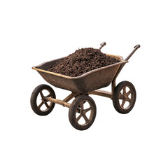 A wheelbarrow filled with rich dark soil sits ready for use in a garden, perfect for planting flowers and vegetables in the spring
