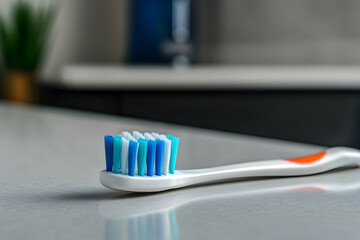 Cleanliness emphasized through a close-up view of a colorful toothbrush resting on a smooth surface in a modern bathroom setting