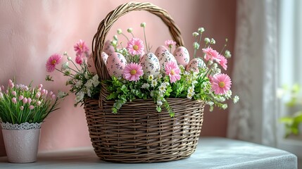 Traditional wicker basket with embellished quail eggs arranged on a light pink stucco base, perfect for Easter or spring.