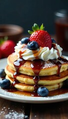 Fresh blueberry pancakes topped with whipped cream and a drizzle of chocolate strawberry syrup, chocolate syrup, breakfast