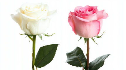 Obraz premium White and pink roses with green leaves, symbolizing love and beauty, create stunning floral display. Their delicate petals and vibrant colors evoke feelings of joy and romance