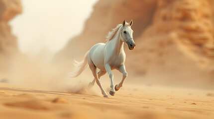 Obraz premium Majestic White Horse Running Across Sandy Terrain with Iridescent Lens Flare and Vibrant Light Streaks