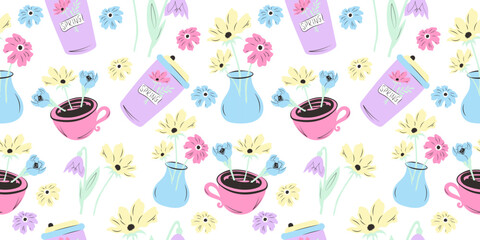 Seamless pattern with spring flowers, vase, coffee cup. Hand drawn vector design in pastel colors.