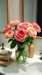 Fresh flowers in a vase on the bathroom counter, vase, floral