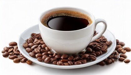 Fototapeta premium white cup of black coffee with coffee beans isolated on transparent cutout background