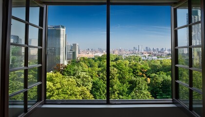 Naklejka premium a window with a view of a city and trees