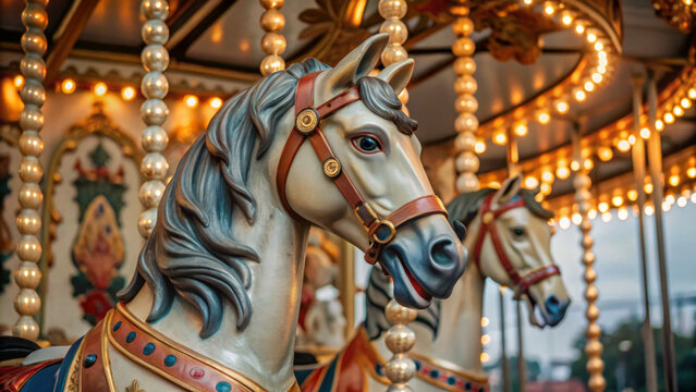 A beautifully detailed carousel horse stands in a glowing amusement park ride, highlighting nostalgia and classic fairground fun - Powered by Adobe
