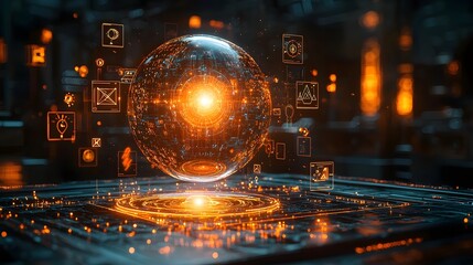 Glowing Holographic Earth Surrounded by Digital Connectivity Icons Isolated on Dark Background