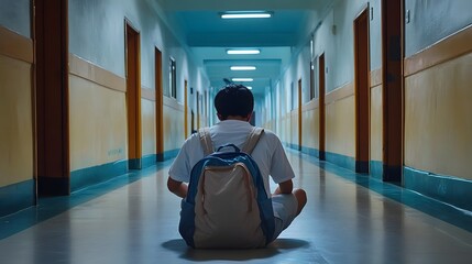 A solitary student sitting on the floor of a quiet school hallway, reflecting on studies, with empty classrooms