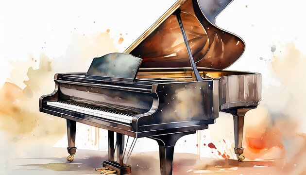 a grand piano with the lid open painted in a watercolor style the piano is a rich brown color and has a classic design