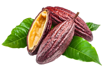 Red cocoa fruits or cocoa pods over green leaves isolated on white background. File contains clipping path.