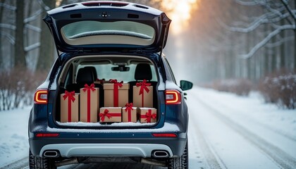 Snowy winter scene with car trunk full of wrapped gifts and red bows
