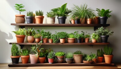 a shelf full of potted plants including a variety of green plants