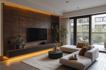 Small and modern apartment living room, with an elegant dark woody TV panel, comfortable sofa, natural light, elegant atmosphere