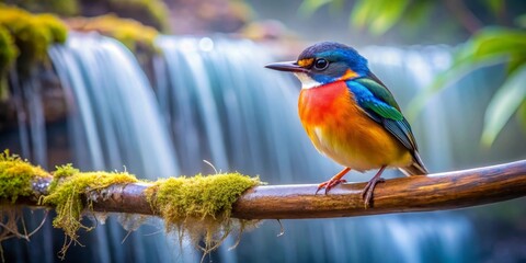 Fototapeta premium Vibrant Avian Wonder Perched on Mossy Branch Near Cascading Waterfall