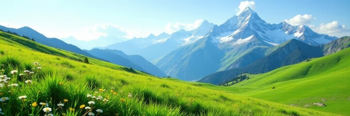 Fototapeta premium Lush green grass covers rolling hills under towering mountain peaks with snow-capped summits, wildflowers, nature
