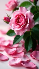 Fototapeta premium Pink rose petals scattered around a large rose bush in bloom, plant life, horticulture, blossom